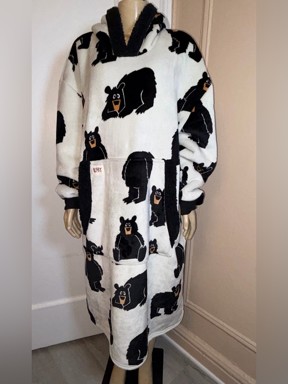 Lazy One Adults Black & White Bear Plush Hooded Robe